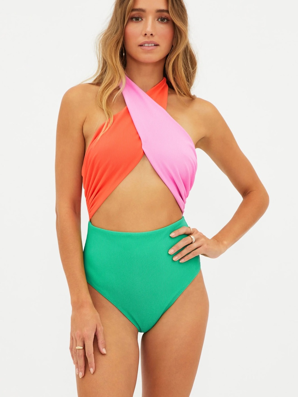 Beach Riot Jessica Color Block Cross Tie Halter One Piece Swimsuit Size L